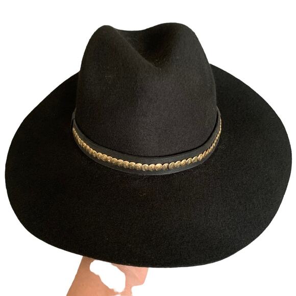 All Saints Black Studded Crown Band Wool Western Texas Hold Em Fedora O/S NWT - Picture 2 of 9